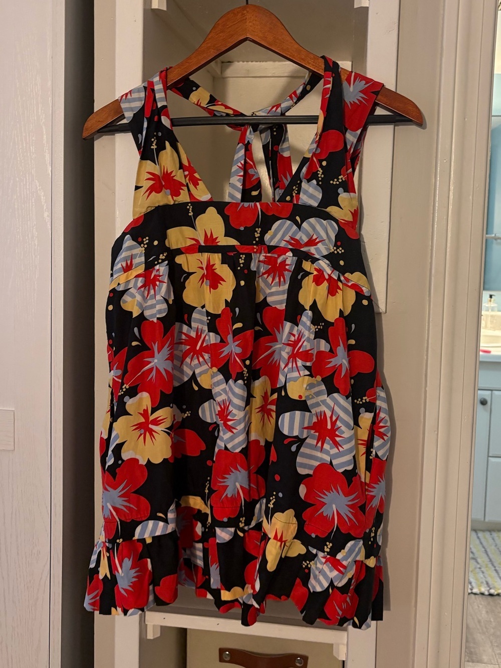 Floral Sleeveless Women’s Top - Black with Red & Yellow Flowers - Picture 2 of 5